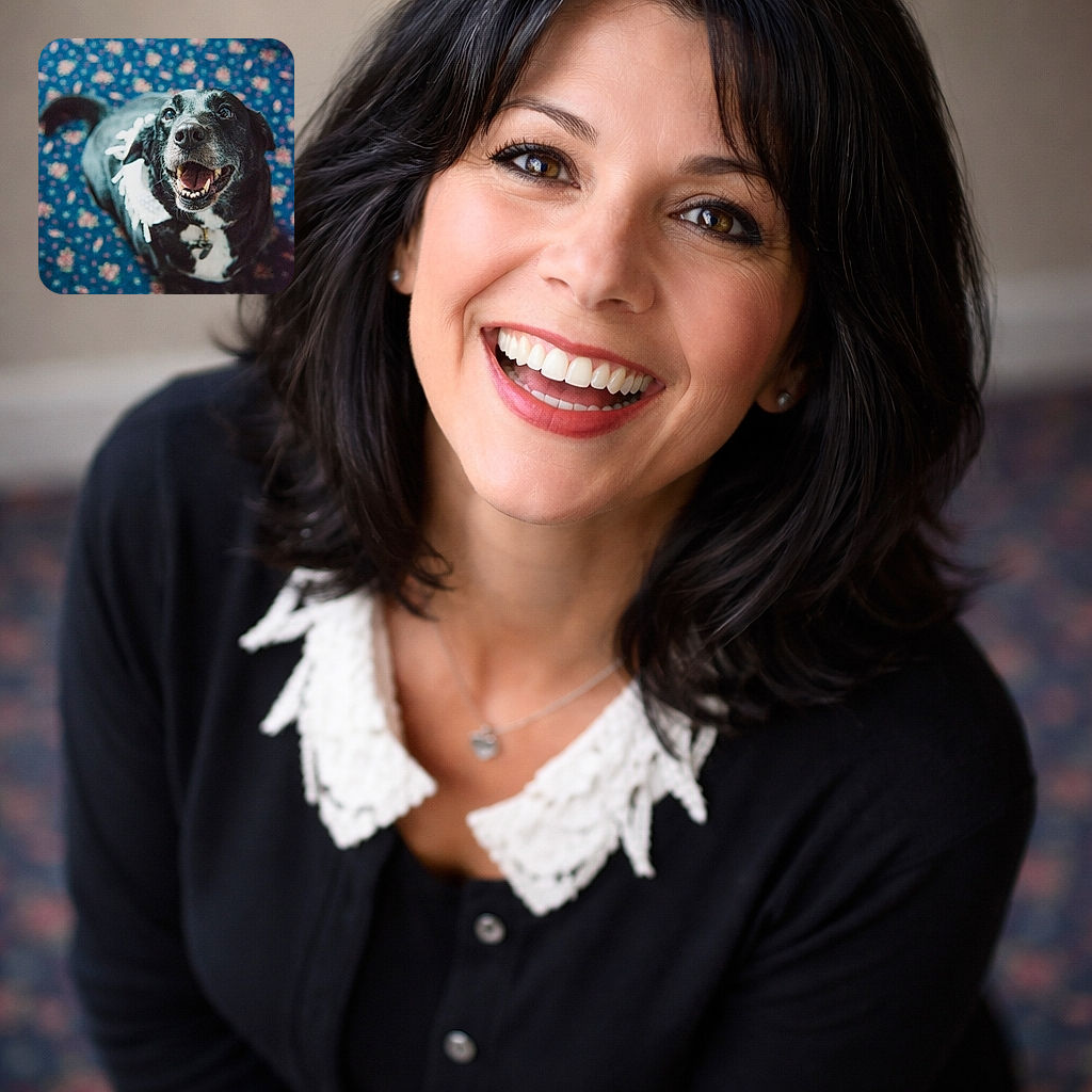 A joyful black and white dog looks up with a happy open mouth, sitting on a blue carpet patterned with pink and green floral designs, radiating pure canine delight.