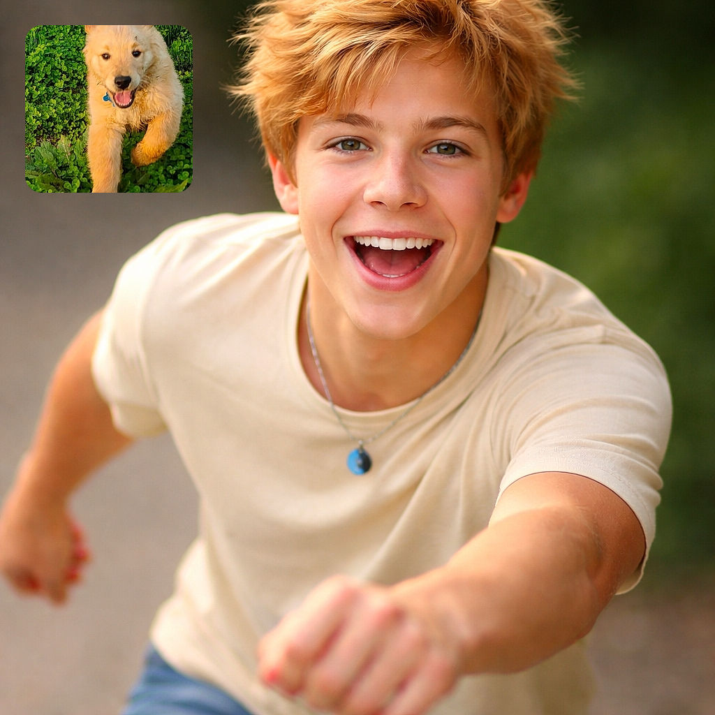 A golden-furred puppy rockets through a bed of clover with tongue out and ears flying — pure joy and muddy paws on a mission to chase every happy thing in sight.