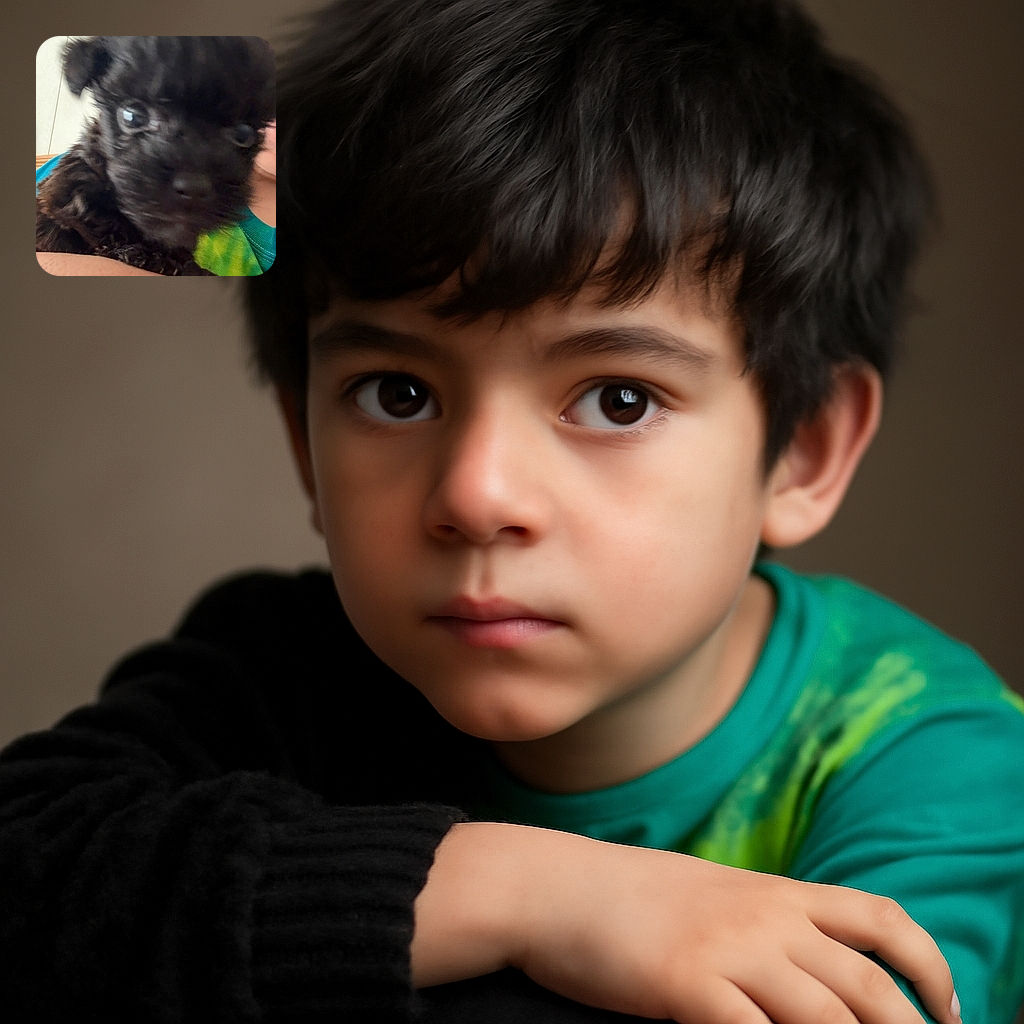 A blurry close-up of an adorable black puppy being held by a person wearing a green and blue shirt. The puppy's curious eyes seem to be trying to focus on the camera, creating a fuzzy but heartwarming moment.