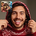 A happy dog wearing a red and white knitted sweater with a hood, looking adorable and tongue out, while a person behind holds the hood up and playfully wears reindeer antlers. The cozy living room with plants and a lamp adds to the warm, festive vibe.