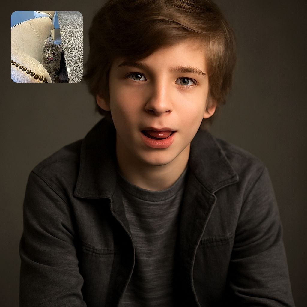 A fluffy gray kitten is peeking out from behind a beige chair with decorative studs, licking its lips as if it just had a tasty treat. The granite countertop and soft blue wall add a cozy kitchen vibe.