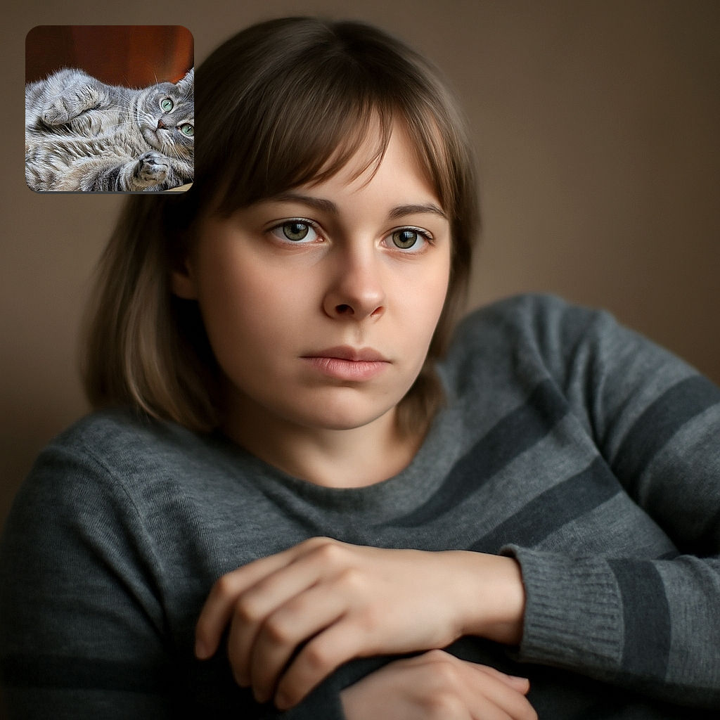 A fluffy gray tabby cat lies on its back with paws curled, eyes wide open and alert, showing off its soft striped fur against a blurred wooden floor background.