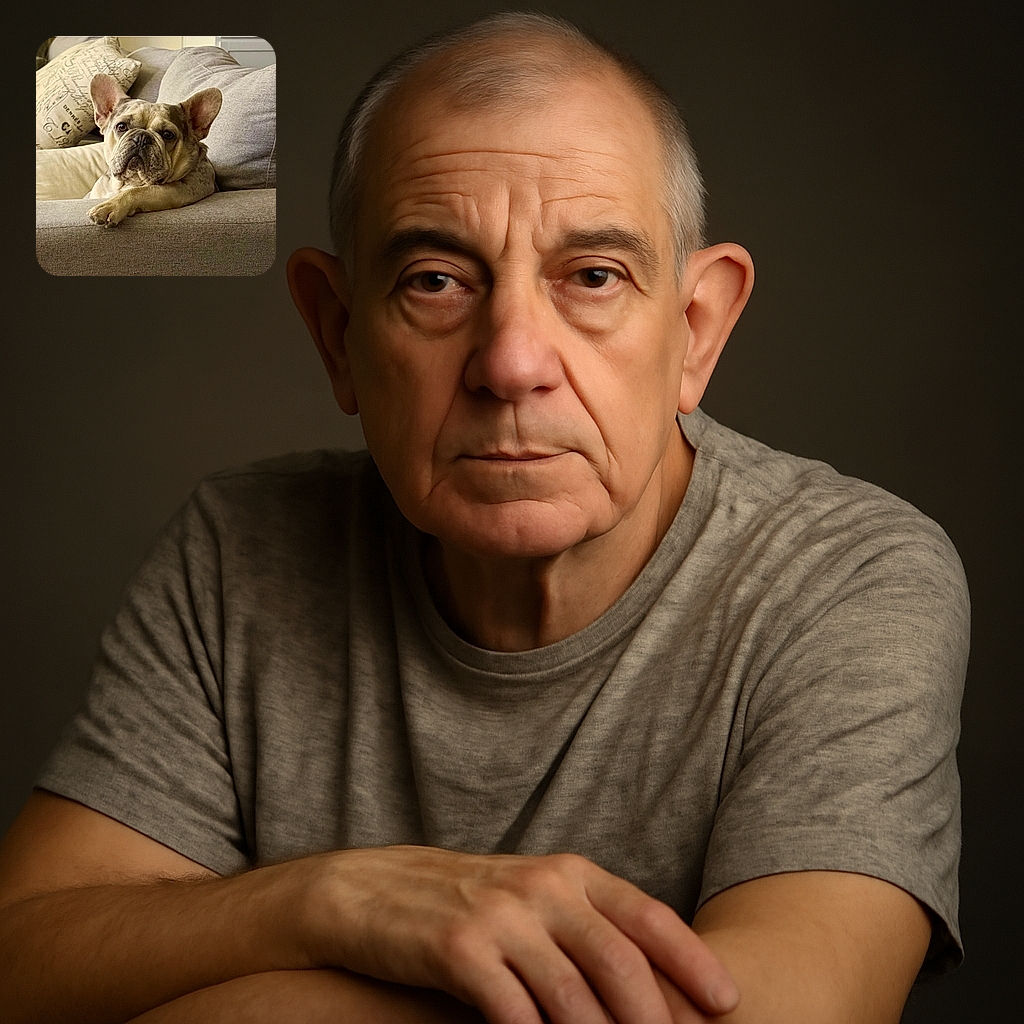 A charming French Bulldog lounges on a cozy gray couch with an expression of dignified relaxation, one paw elegantly draped over the edge, surrounded by plush pillows with artistic script designs.