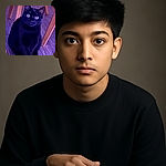 A sleek black cat with wide, curious eyes sits gracefully on a purple-toned wooden floor, framed by the legs of a wooden chair and a blue object, looking like it's ready to pounce or pose for the camera.