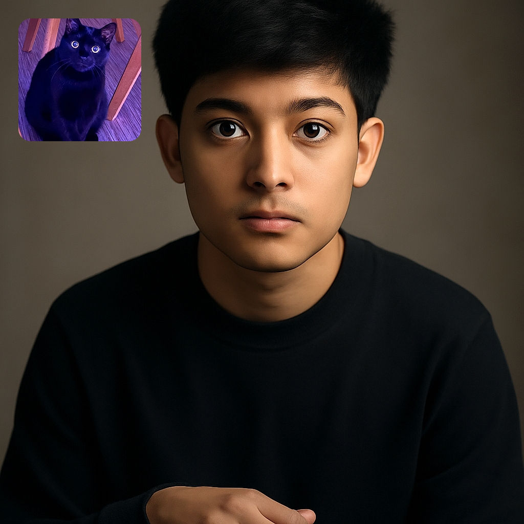 A sleek black cat with wide, curious eyes sits gracefully on a purple-toned wooden floor, framed by the legs of a wooden chair and a blue object, looking like it's ready to pounce or pose for the camera.