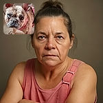 A close-up photo of a brindle French Bulldog wearing a pink harness, with one striking blue eye and one brown eye, standing on a tiled floor indoors. The dog's wrinkled face and curious expression are the focus, with a water bowl partially visible in the background.