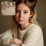 A fluffy white cat with striking blue eyes and a cute black nose spot lounges comfortably, looking curiously at the camera with a soft, blurred background that highlights its silky fur.