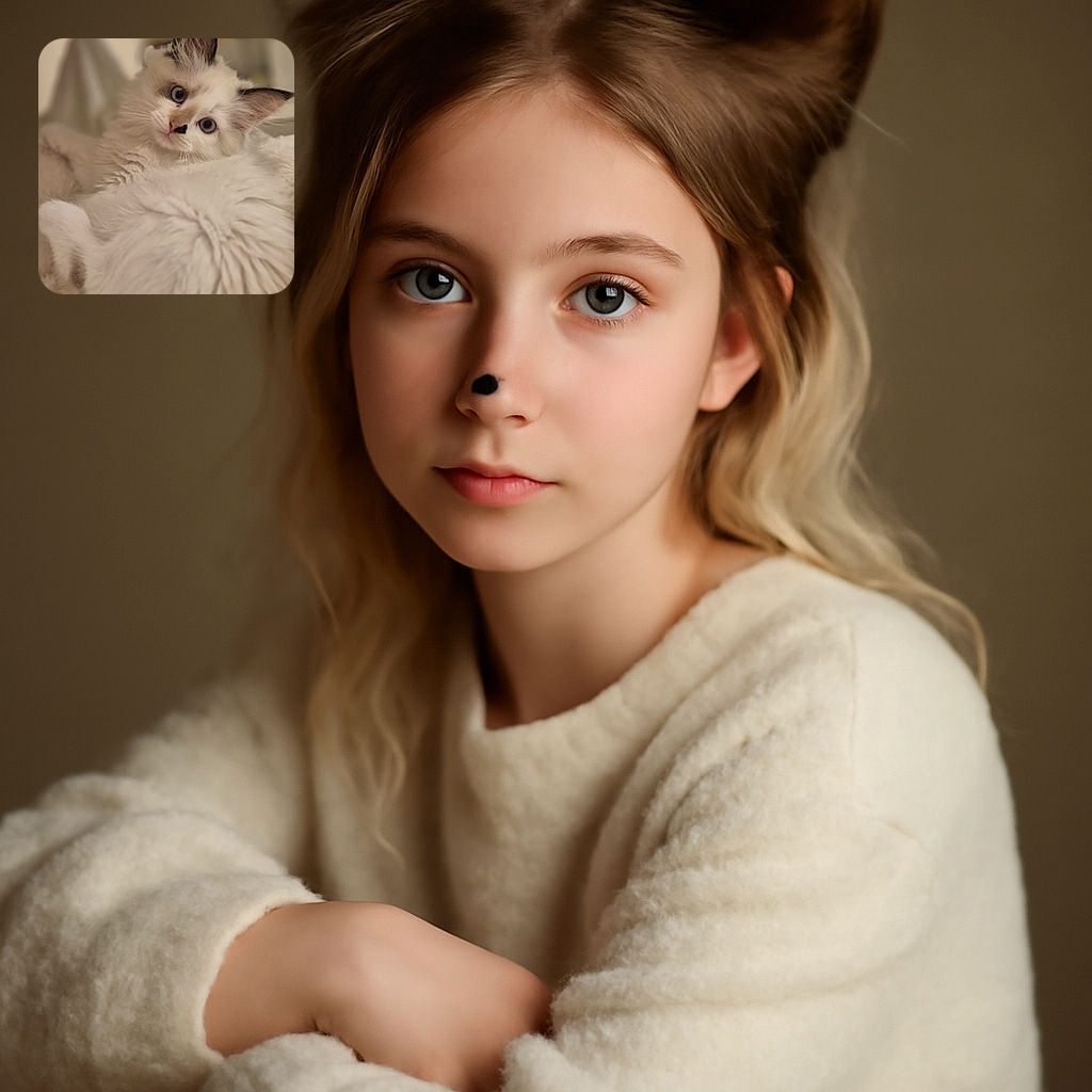A fluffy white cat with striking blue eyes and a cute black nose spot lounges comfortably, looking curiously at the camera with a soft, blurred background that highlights its silky fur.