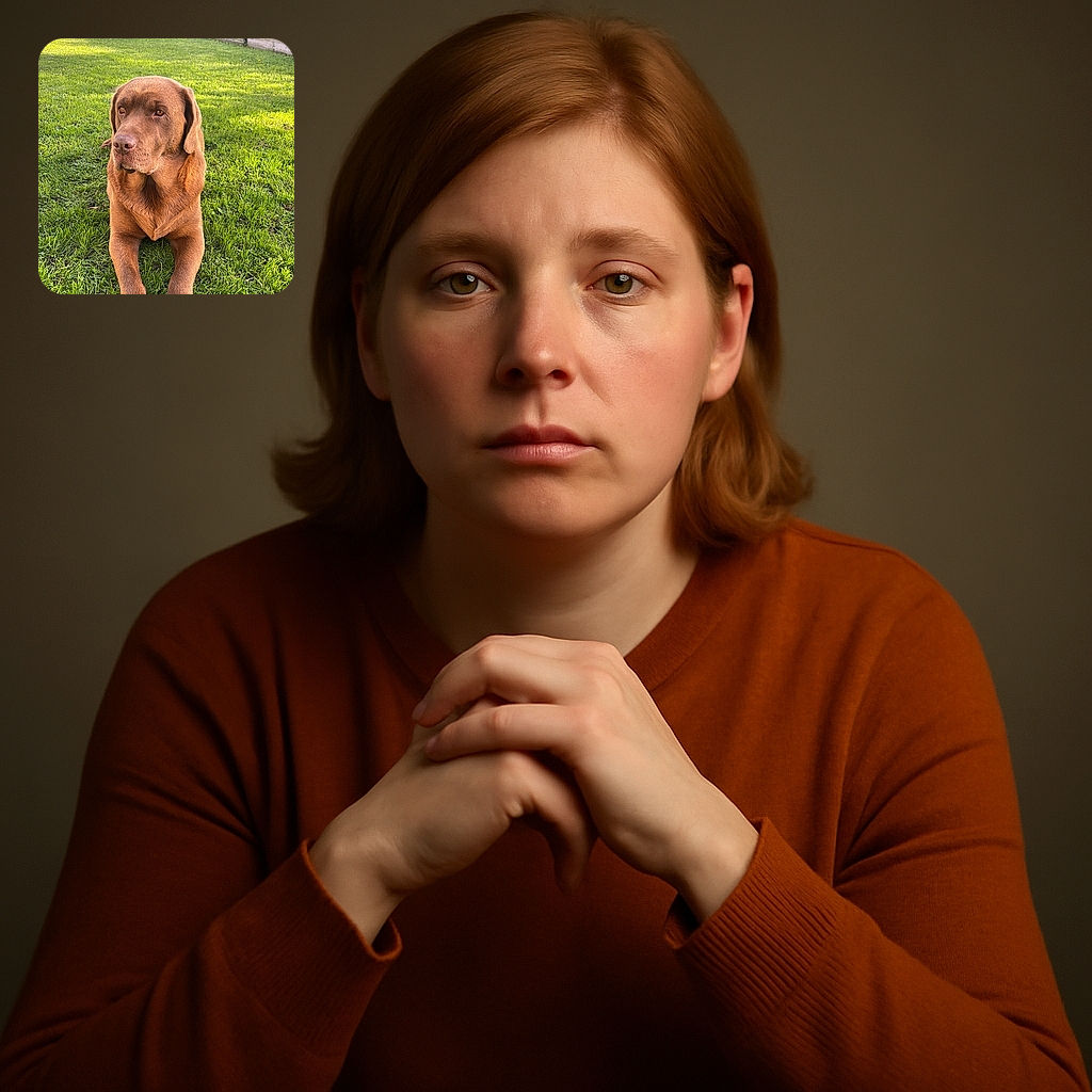 A dignified chocolate Labrador reclines on lush green grass, gazing thoughtfully into the distance as the sun casts a warm glow on its shiny coat, surrounded by a serene garden backdrop.