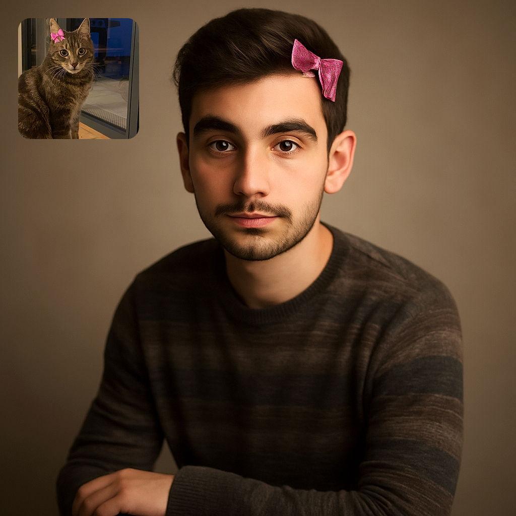 A charming tabby cat with large expressive eyes sits attentively on a wooden surface indoors near a glass door, sporting a cute pink bow on its ear, with a cozy and peaceful evening ambiance outside.