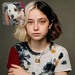 A close-up of a fluffy dog with a spotted nose and multicolored fur being held by a person wearing a red shirt. The dog looks calm and cozy, with the person's hands gently wrapped around it.