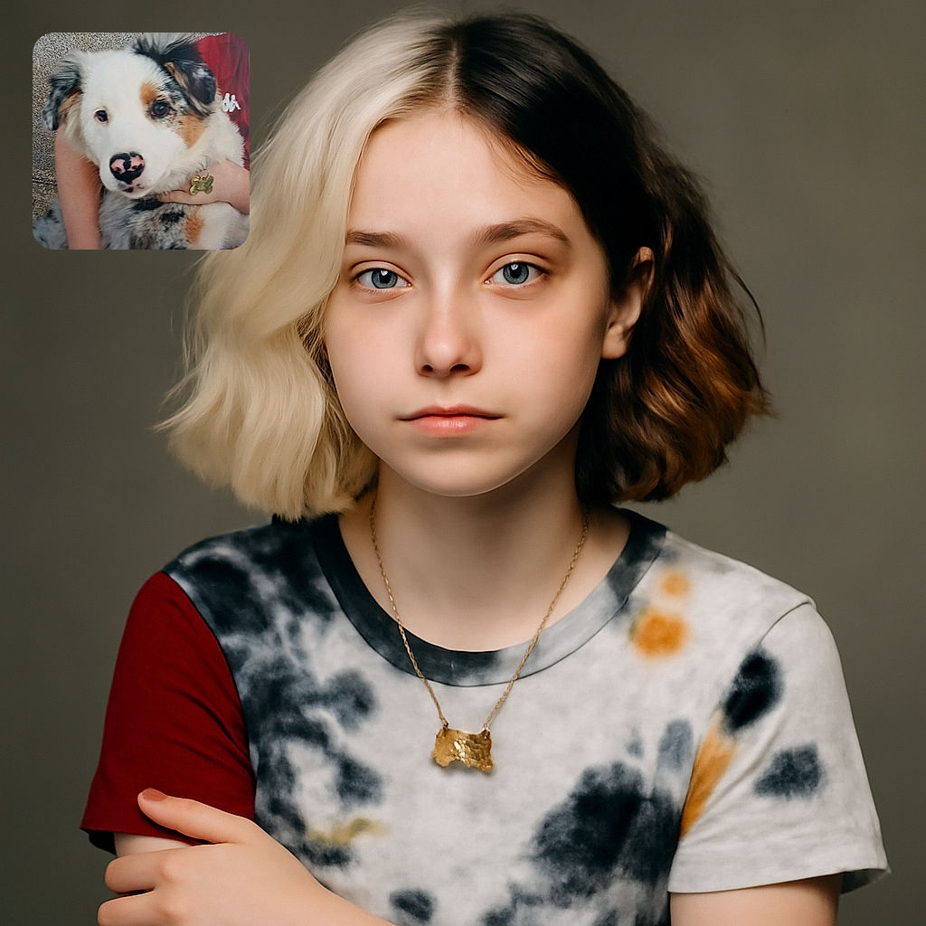 A close-up of a fluffy dog with a spotted nose and multicolored fur being held by a person wearing a red shirt. The dog looks calm and cozy, with the person's hands gently wrapped around it.