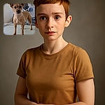 A curious small brown dog stands confidently on a white table, ears perked and eyes wide open, with a blurred background hinting at a gym or workout space.