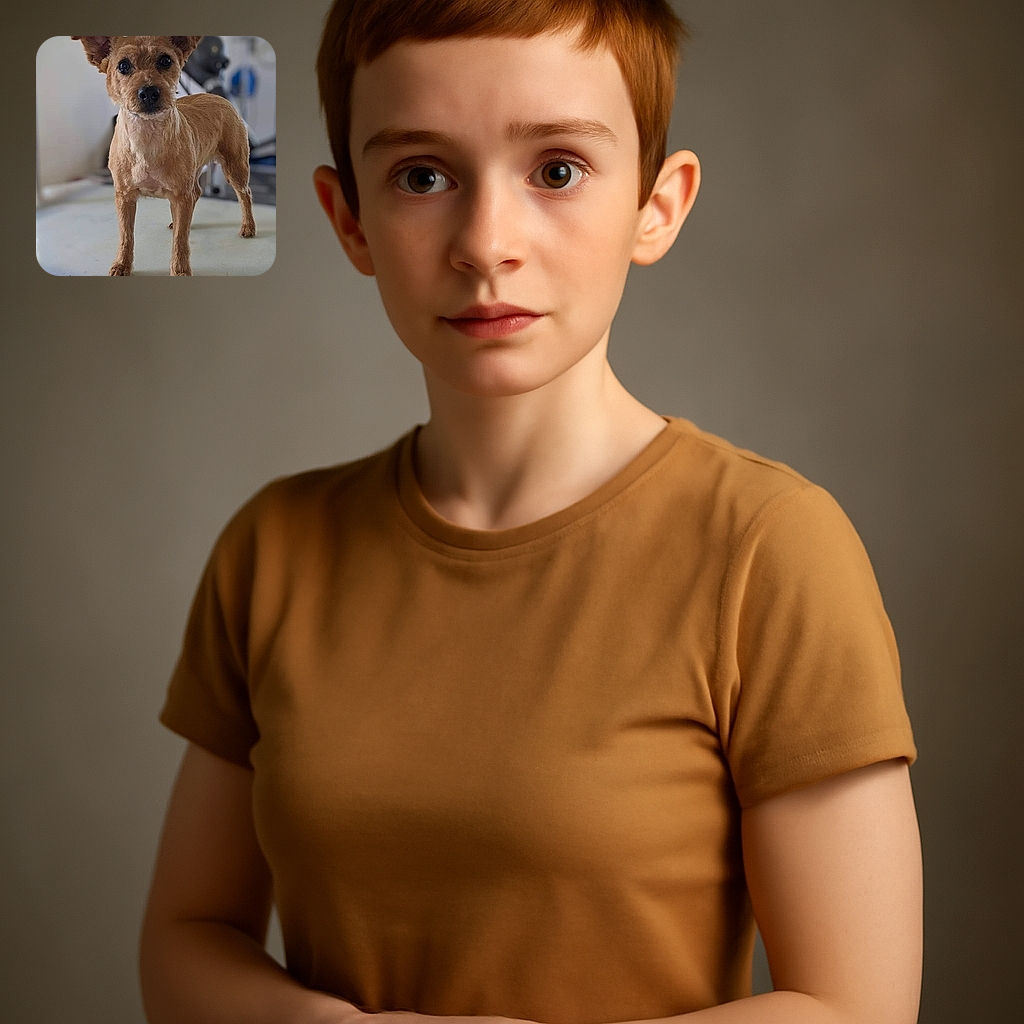A curious small brown dog stands confidently on a white table, ears perked and eyes wide open, with a blurred background hinting at a gym or workout space.