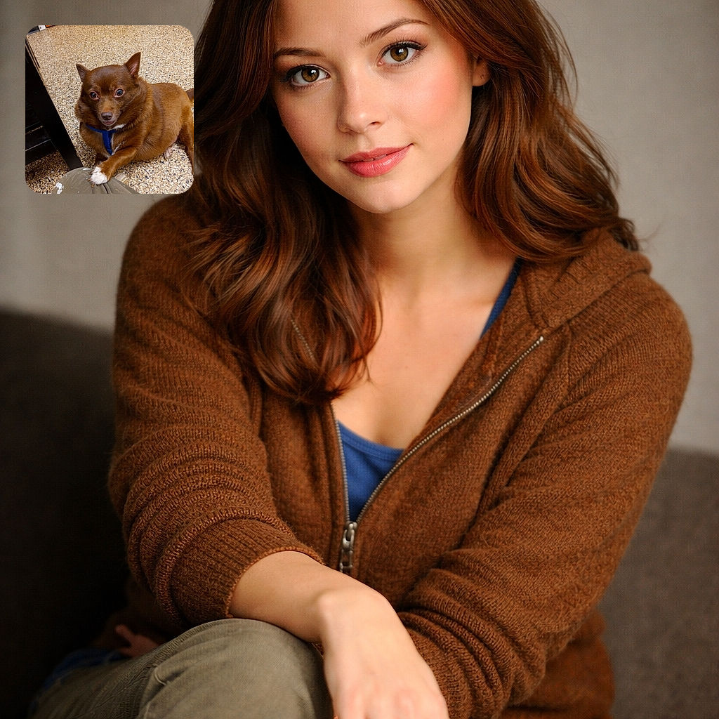 A chubby brown dog stares up with big pleading eyes and one paw politely resting on the photographer's knee — part beg, part love tap. The dog wears a blue harness and is sprawled on a speckled floor in front of a wooden door, looking like it owns the place and your snacks.