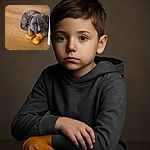 A cute brindle puppy is curled up on a wooden floor, clutching an orange plush toy shaped like feet, looking up with soulful eyes as if plotting its next adorable mischief.