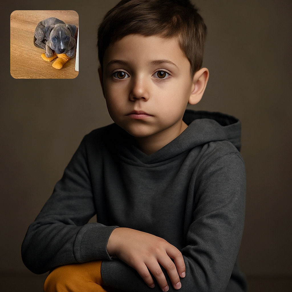 A cute brindle puppy is curled up on a wooden floor, clutching an orange plush toy shaped like feet, looking up with soulful eyes as if plotting its next adorable mischief.