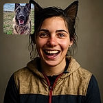 A happy, wet German Shepherd dog stands on grassy terrain near a lake with mountains in the background, looking excitedly at the camera with its mouth open and ears perked up.