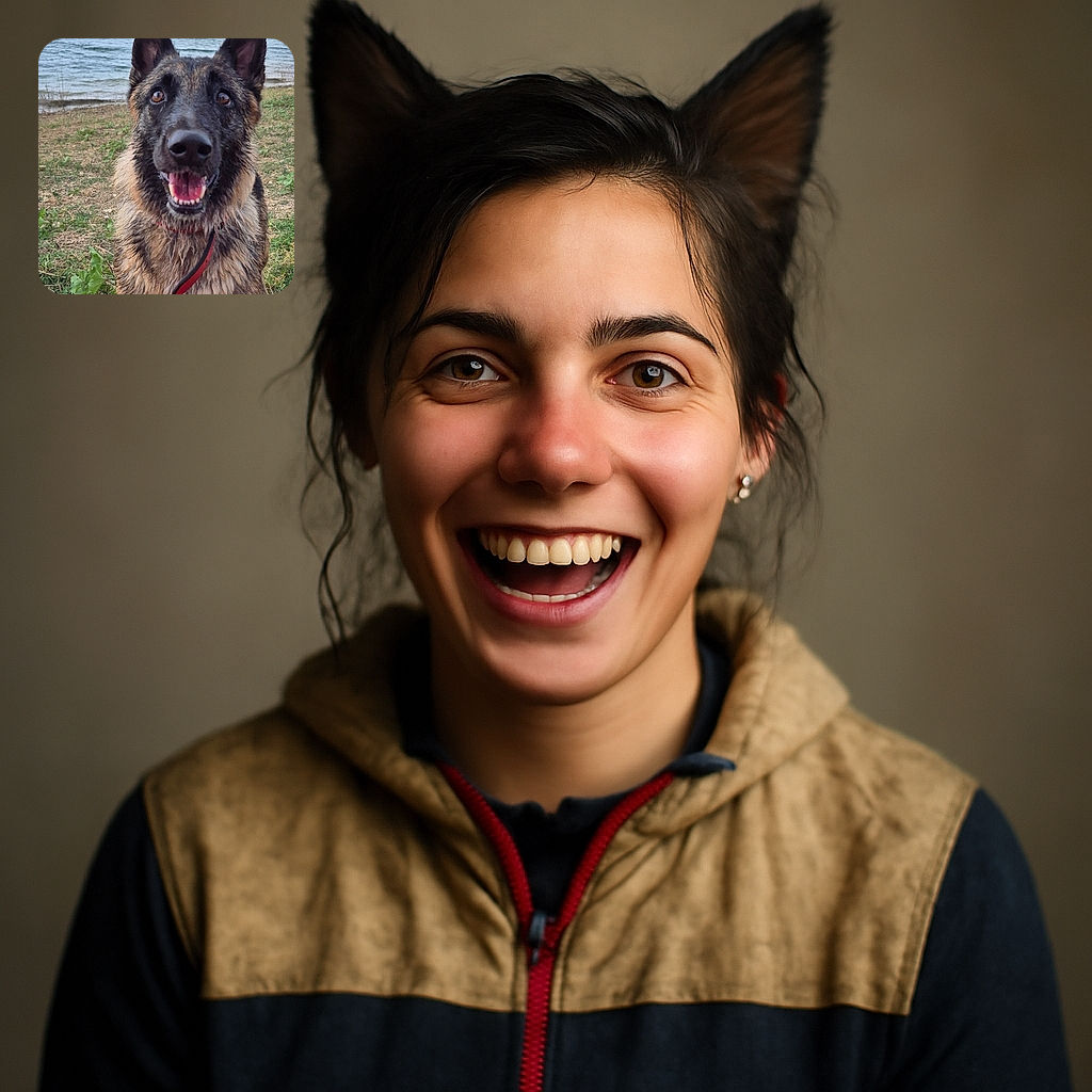 A happy, wet German Shepherd dog stands on grassy terrain near a lake with mountains in the background, looking excitedly at the camera with its mouth open and ears perked up.