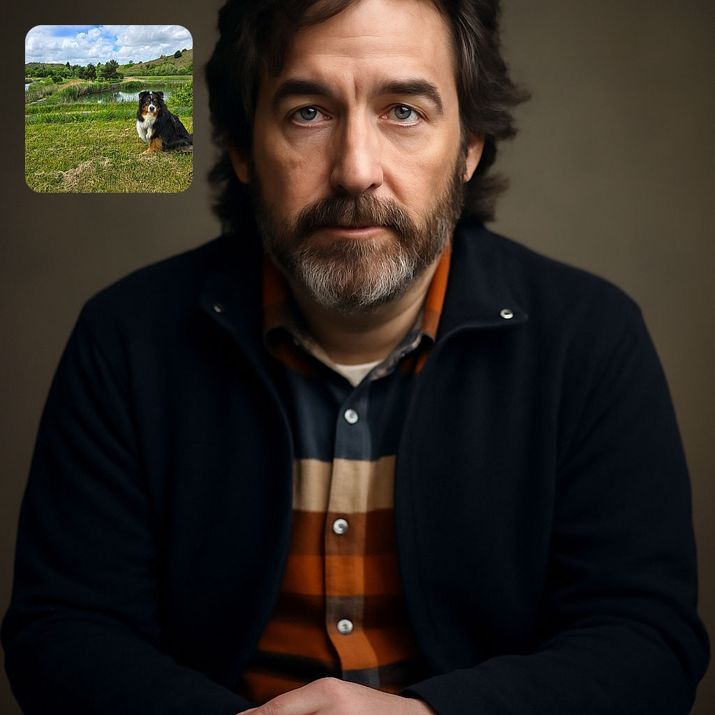 A fluffy tricolor dog sits patiently on a grassy hill by a serene pond surrounded by lush greenery and rolling hills under a partly cloudy sky, looking like the wise guardian of this peaceful nature retreat.