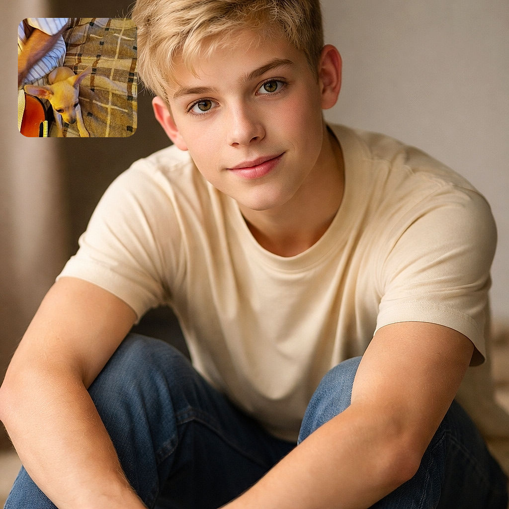 A tiny chihuahua puppy peeks up from a plaid blanket with comically large ears and soulful eyes, sharing a cozy couch spot beside a relaxed person — looks like it's plotting how to get extra treats.