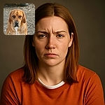 A serious-looking brown dog with soulful eyes stands on a dirt path, staring directly at the camera as if ready to deliver an important message or demand a treat.