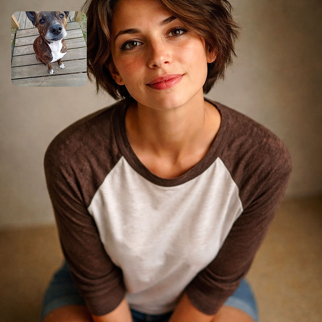 A pleading brindle dog sits on a weathered wooden deck, looking up with one ear perked like a question mark and a nose that steals the frame — the perfect mix of guilty charm and snack negotiations.