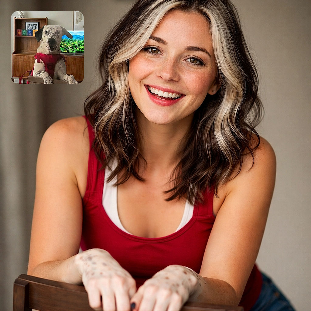 A spotted dog in a red harness leans over the chair like a very polite game-show host — an owl statue stares from the top shelf, a framed selfie photobombs from a bookshelf, and the TV behind them is showing a lush jungle backdrop. The whole scene screams 'I run this household.'