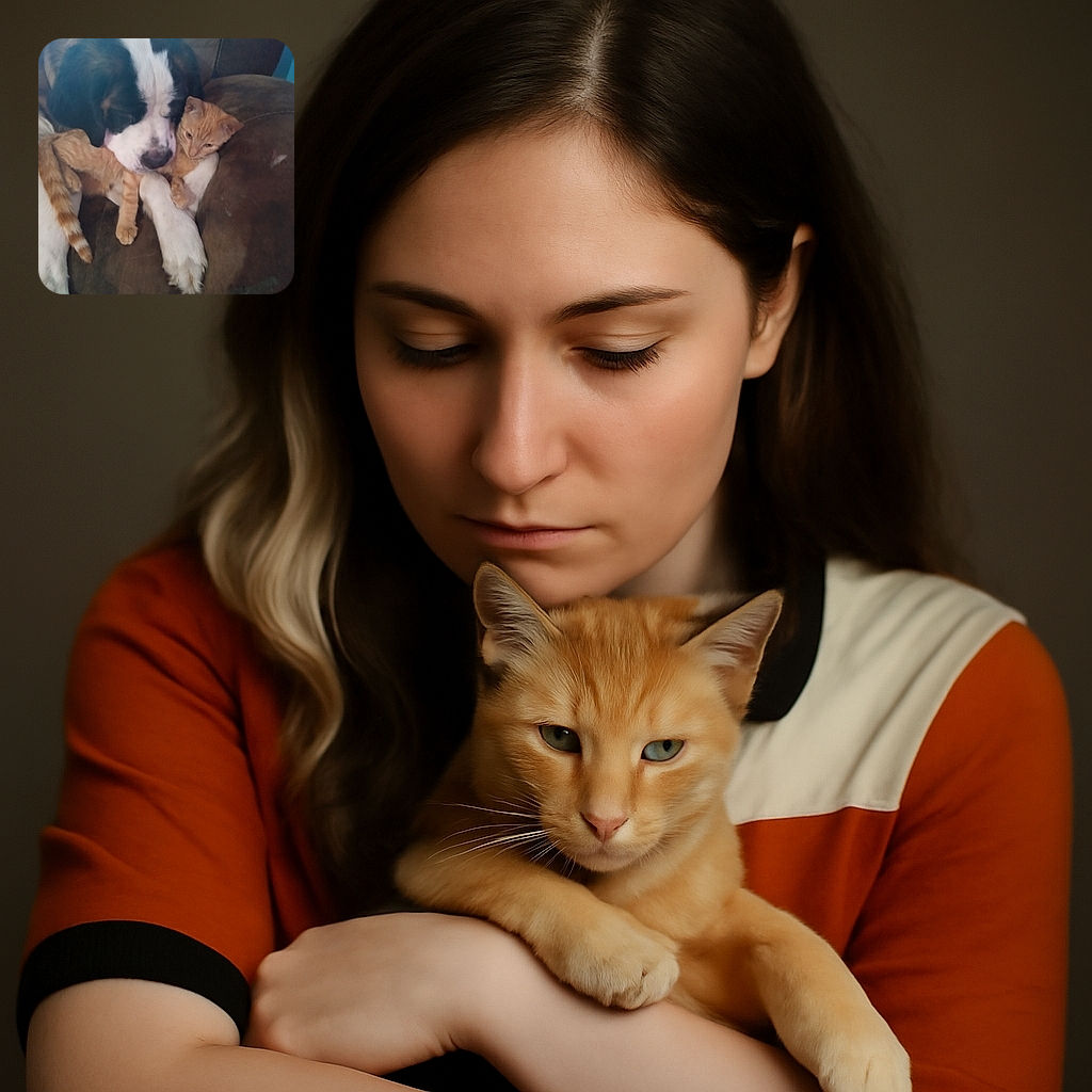 A cozy moment captured between a large dog and a small orange tabby cat, snuggled together on a brown couch. The dog looks gentle and protective, while the cat seems calm but slightly wary, creating a heartwarming scene of interspecies friendship.