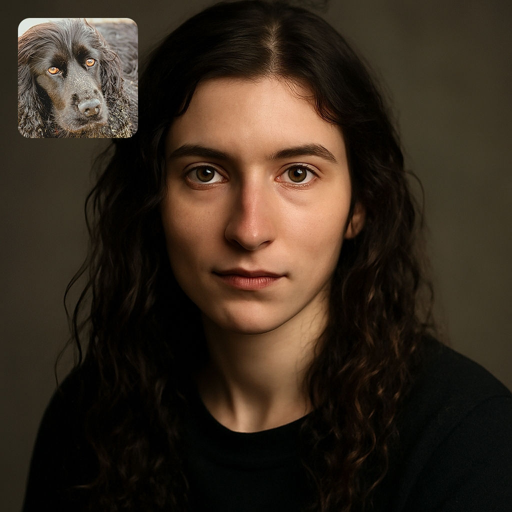 A close-up photo of a wet black dog with sandy specks on its fur and soulful amber eyes staring intensely, capturing the raw charm of a beach day adventure.