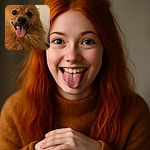 A close-up shot of a fluffy, happy dog with its tongue out, looking like it's ready to steal your heart. The background is softly blurred, focusing all attention on the dog's adorable face and shiny eyes.