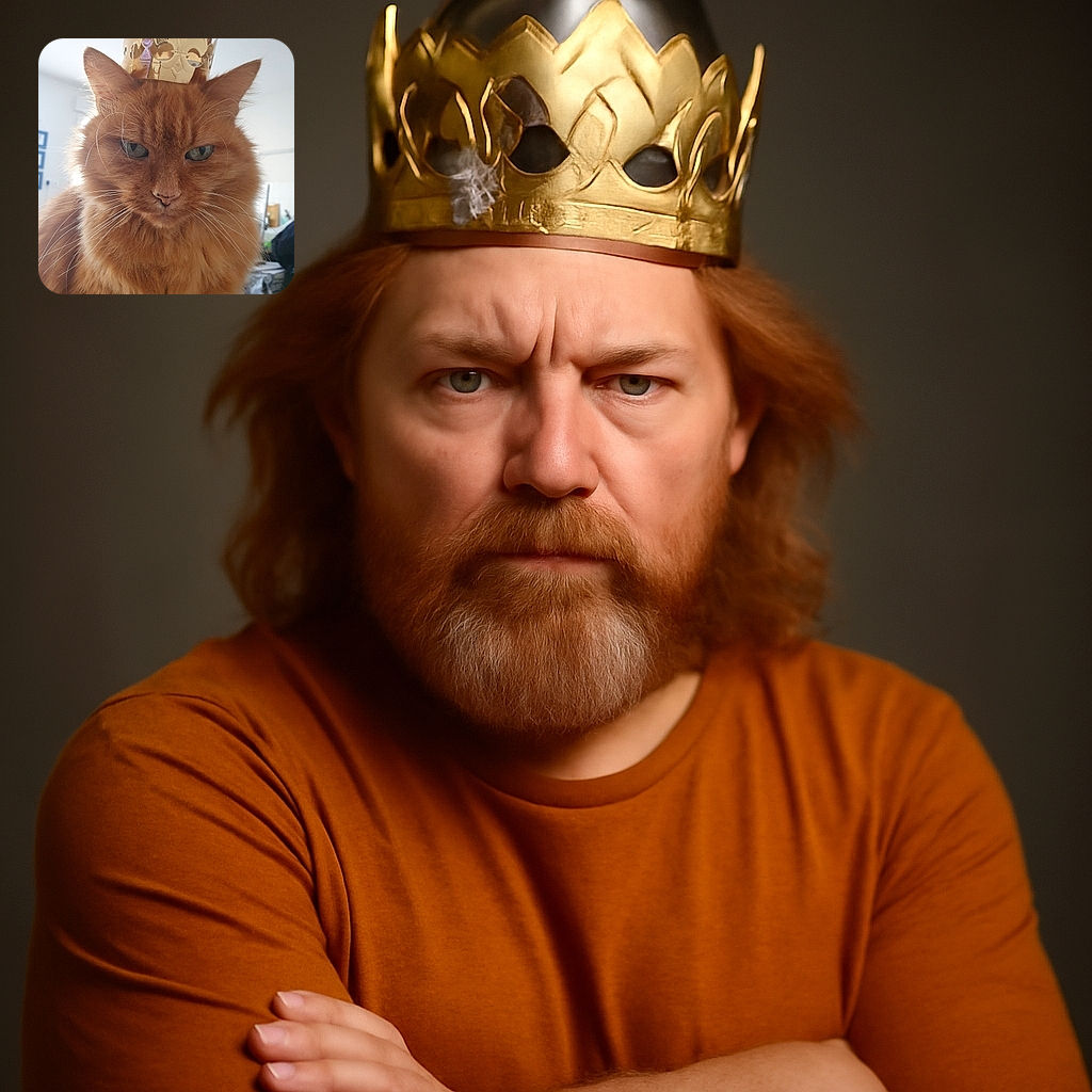 A majestic fluffy orange cat wears a regal golden paper crown, staring seriously into the camera with a royal air, while the softly lit room blurs gently in the background.
