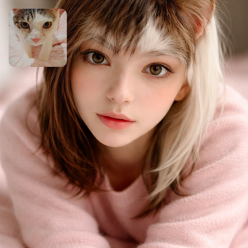 A curious pink-nosed cat barges into the frame like it owns the quilt — ears up, whiskers forward, eyes daring you to move the camera. Soft pink bedding forms the fluffy throne while a music sticker peeks in the corner, because even royalty needs a soundtrack.