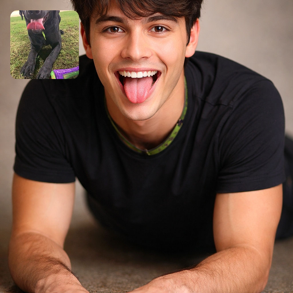 A gleeful black Labrador close-up sprawled on the grass at night, tongue lolling out like a red carpet — eyes shiny, nose glistening, and a neon purple‑green toy glowing by his paw. The scene screams joyful park-play: damp grass, distant car lights, and one very proud, slightly slobbery fetch champion.