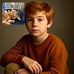 A fluffy orange tabby cat lounges comfortably on a black chair, gazing up with curious wide eyes and twitching whiskers. The cozy indoor setting features a white table with a heart-shaped hanging ornament and soft natural light streaming in through a nearby window.