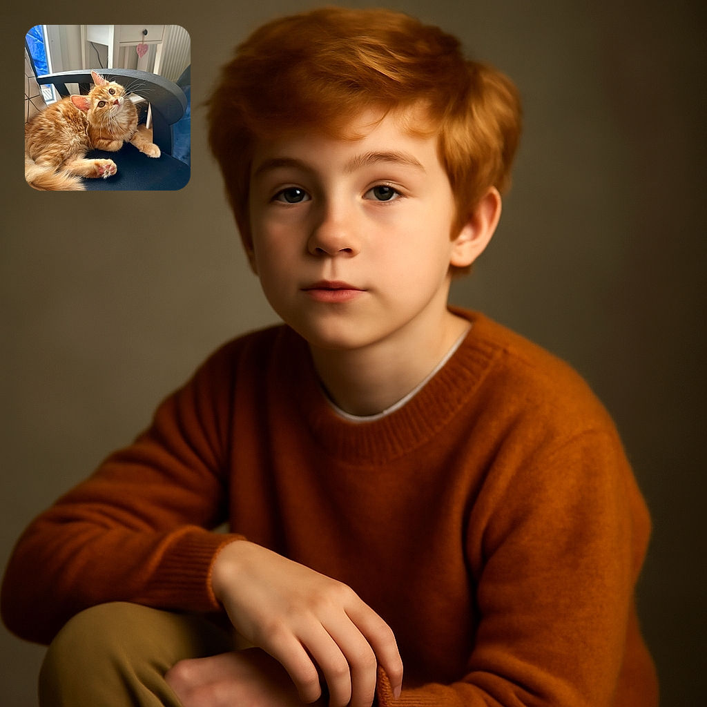 A fluffy orange tabby cat lounges comfortably on a black chair, gazing up with curious wide eyes and twitching whiskers. The cozy indoor setting features a white table with a heart-shaped hanging ornament and soft natural light streaming in through a nearby window.