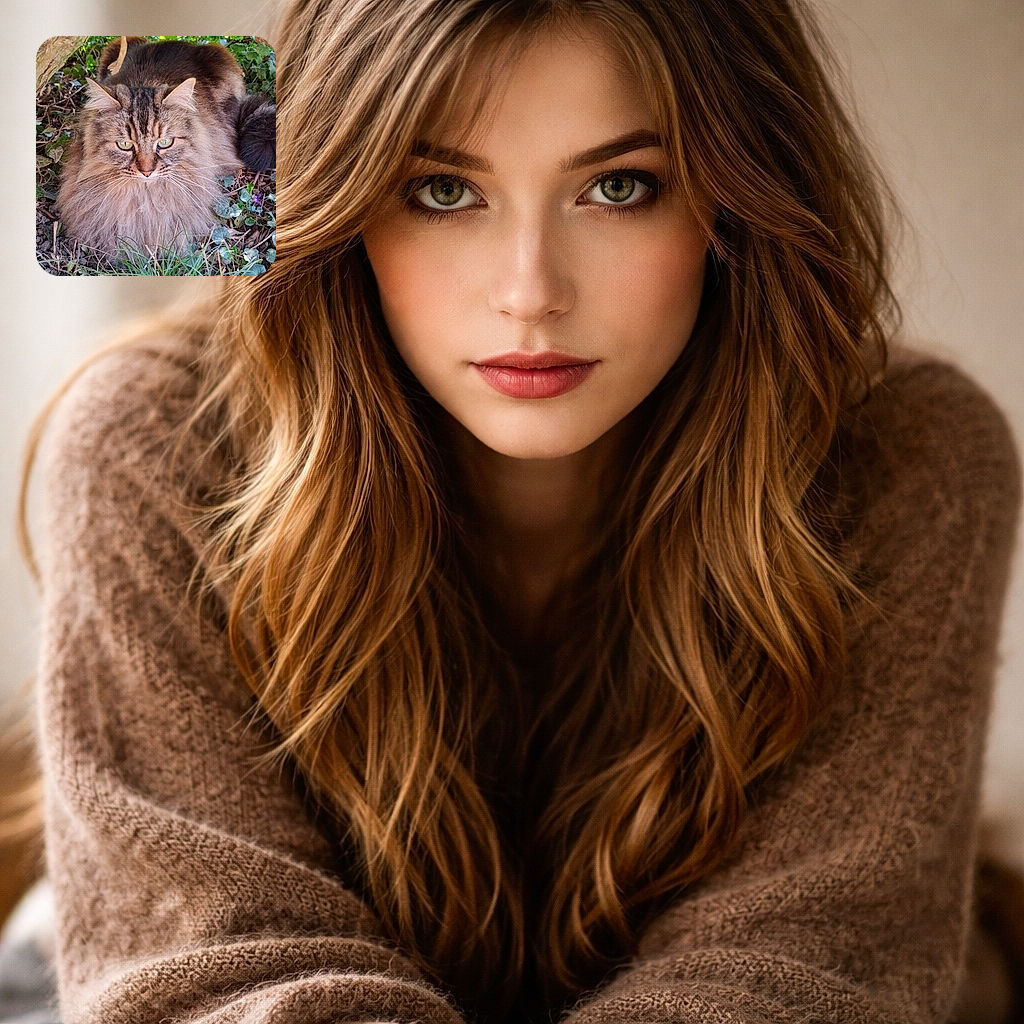 A majestic floof of a tabby cat is lounging like royalty under a tangle of roots and leaves, giving the camera a slow, unimpressed stare while its whiskers fan out like tiny antennae.