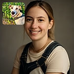 A happy dog with a light tan coat and a black harness poses outdoors in front of a leafy green bush with small white flowers, looking directly at the camera with a friendly smile and bright eyes.