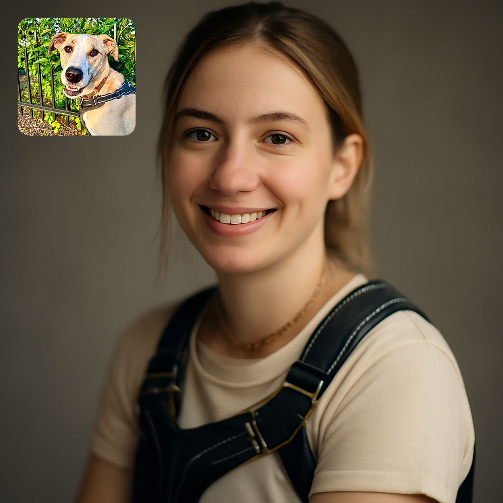A happy dog with a light tan coat and a black harness poses outdoors in front of a leafy green bush with small white flowers, looking directly at the camera with a friendly smile and bright eyes.