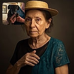 A charming small dog wearing a tiny straw hat is being gently held by an elderly person dressed in a blue lace top, creating a cozy and heartwarming indoor scene filled with love and a touch of whimsy.