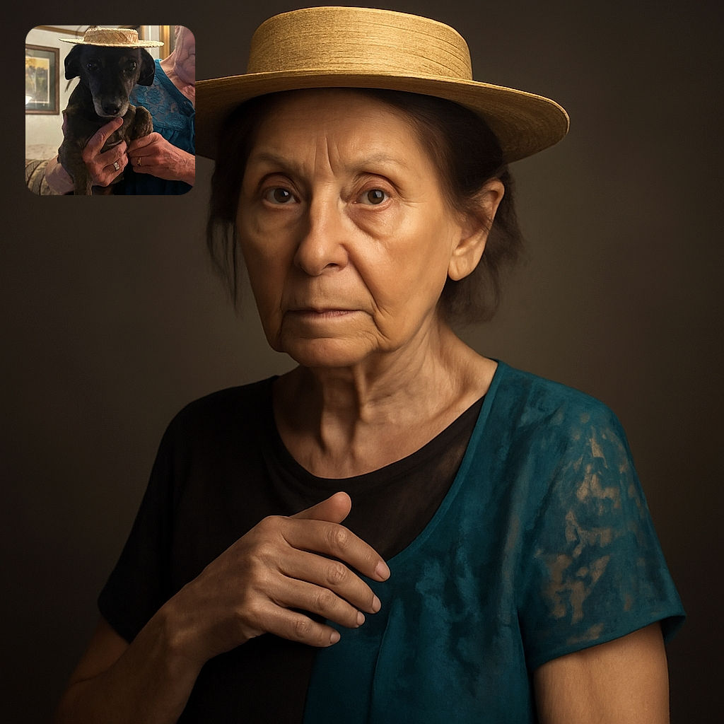 A charming small dog wearing a tiny straw hat is being gently held by an elderly person dressed in a blue lace top, creating a cozy and heartwarming indoor scene filled with love and a touch of whimsy.