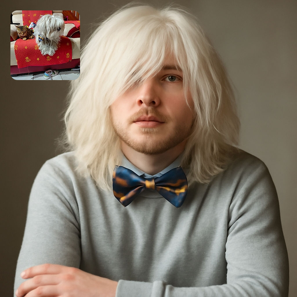 A fluffy white dog with a checkered bandana sits on a red-patterned couch cover, next to a relaxed tabby cat also lounging comfortably. A single sandal lies on the tiled floor in front, adding a casual homey vibe to the cozy scene.