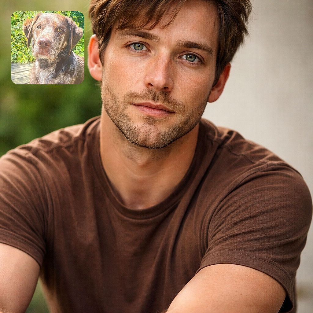 A close-up of a thoughtful brown dog with expressive eyes sitting on a wooden deck surrounded by lush green foliage, basking in the warm sunlight.