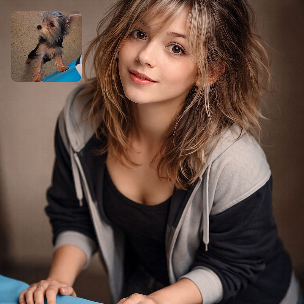 A tiny, scruffy pup stands on its hind legs with front paws propped on a bright blue bed edge, eyes wide and alert like it just heard the treat bag. The tiled floor and a small toy in the background give it a cozy, homey vibe; slightly soft focus and warm indoor lighting make the scene feel candid and charming.