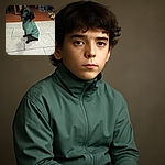 A charming black puppy wearing a green jacket sits on a tiled floor, tilting its head with a curious and adorable expression, surrounded by a cozy indoor setting with wooden furniture and household items.