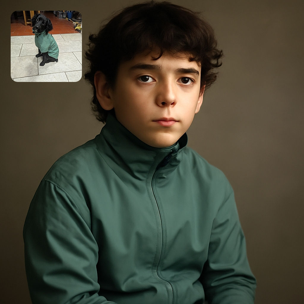 A charming black puppy wearing a green jacket sits on a tiled floor, tilting its head with a curious and adorable expression, surrounded by a cozy indoor setting with wooden furniture and household items.