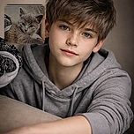 A charming grey kitten lounges comfortably on a couch, looking curiously at the camera with big round eyes. The background is a cozy indoor setting with a person's arm partially visible, and the image is a screenshot of an Instagram post featuring hashtags and comments about the kitten.