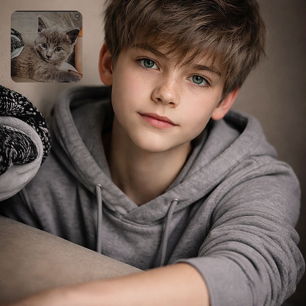 A charming grey kitten lounges comfortably on a couch, looking curiously at the camera with big round eyes. The background is a cozy indoor setting with a person's arm partially visible, and the image is a screenshot of an Instagram post featuring hashtags and comments about the kitten.