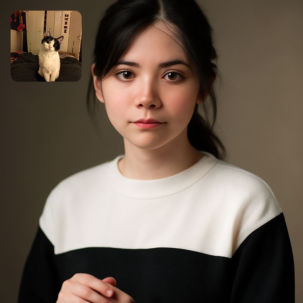 An adorable black and white cat sits upright on a cozy dark blanket, tilting its head inquisitively with big, curious eyes. The warm indoor setting includes a softly lit room with a closet and some wall decorations in the background, giving a homely vibe.