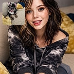 A charming little dog with one blue eye and one brown eye lounges on a beige couch surrounded by cozy yellow and blue pillows, sticking its tongue out slightly in an adorable and playful manner.